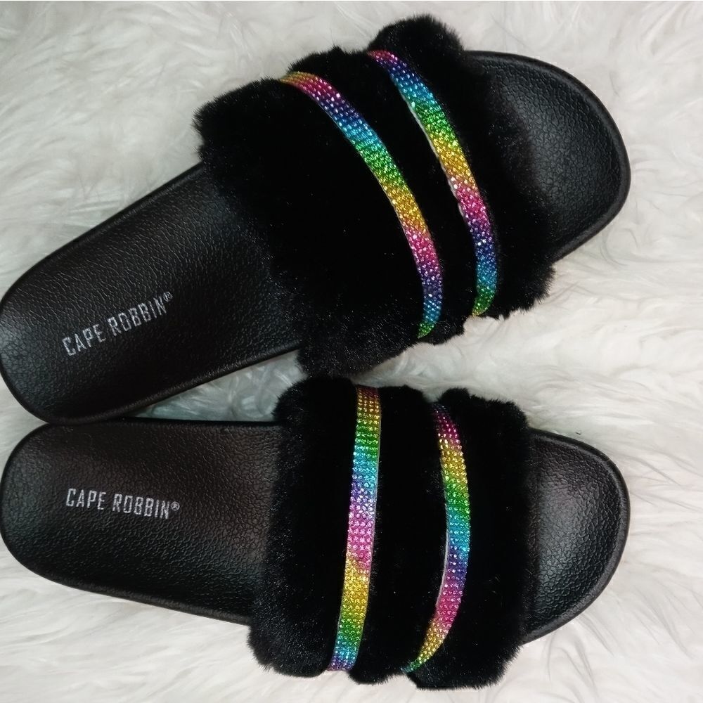 Black fur slides with 🌈 bling rhinestone trim